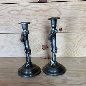 Vintage art nouveau frog pewter candlesticks‎